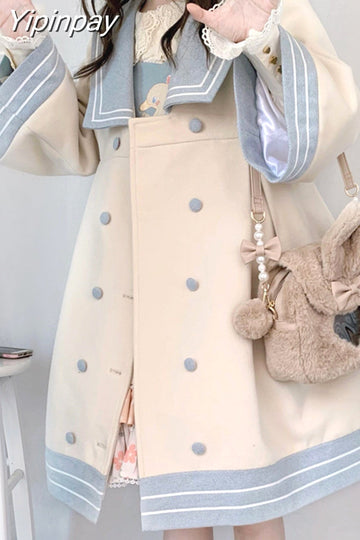 Yipinpay Japanese Girl Sweet Style Patchwork Woolen Coat Cute Woolen Jacket Winter Female Cashmere